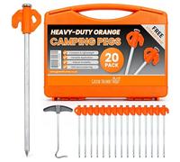 Heavy Duty Tent Pegs - 20cm x 20 Pack Orange Hard Ground Tent Pegs, Camping Pegs, Awning Peg for outdoors, Strong Galvanized Steel with Storage Case and Peg Remover