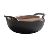 Heavy Duty Uncoated Cast Iron Wok with Dual Handles and Flat Bottom, Non-stick Frying Pan with Wooden Lid Suitable for Stir Fry, Braising, Steaming (B)
