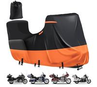 Heavy Duty Waterproof Motorcycle Cover with Side+Top Box,600D Motorbike Covers for Outside Storage fit Harley-Davidson Touring Models Ultra Classic,Glold Wing,Rain,Anti-UV(118"X44"X56" Black-Orange)