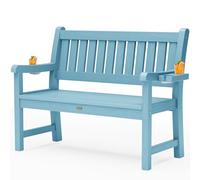 Heavy Duty Waterproof Outdoor Bench for Patio - 2-Person Garden Seating with 2 Cup Holders Oversized Design for Front Porch Backyard Park - HIPS Weatherproof Blue Bench