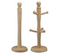 Heavy Duty Wooden Beechwood Kitchen Mug Tree 6 Cup Stand Holder & Kitchen Towel Holder Tissue Roll Holder Dispenser 35x12cm (Beach Mug Tree + Roll Holder)
