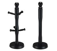 Heavy Duty Wooden Beechwood Kitchen Mug Tree 6 Cup Stand Holder & Kitchen Towel Holder Tissue Roll Holder Dispenser 35x12cm (Black Mug Tree + Roll Holder)