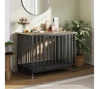 Heavy Duty Wooden Dog Crate Furniture - 39'' Indoor Pet Kennel End Table with Removable Tray, Lockable Wheels, Decorative Black & Rustic Grey for Small, Medium, Large Breeds - Model NPTT-TM03
