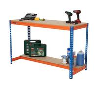 Heavy Duty Workbench, 2 Tier 500kg UDL Steel Adjustable Garage Workstation with Chipboard Worktops