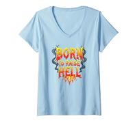 Heavy Metal Born to Raise Hell Rocker Rebel Slogan V-Neck T-Shirt, Women, Baby Blue, M
