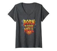 Heavy Metal Born to Raise Hell Rocker Rebel Slogan V-Neck T-Shirt, Women, Dark Heather Grey, S