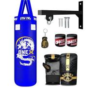 Heavy Punch Bag Boxing Training, Filled 3ft Heavy Duty set, Wall Bracket Punching Gloves, Kickboxing MMA Grappling Muay Thai Karate BJJ, Adult Home Gym Fitness (BLUE, 3FT)