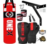 Heavy Punch Bag Boxing Training, Filled 4-5ft Heavy Duty set, Wall Bracket Punching Gloves, Kickboxing MMA Grappling Muay Thai Karate BJJ, Adult Home Gym Fitness (Red-Black, 5ft-MDX)