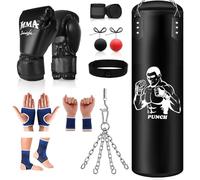 Heavy Punching Bag Hanging Set, 4FT Unfilled Boxing Bag for All Ages, Pro Training PU Leather Punch Bag with Gloves, Wristband, Hanging Chain for MMA Kickboxing Grappling Muay Thai Karate Home Fitness