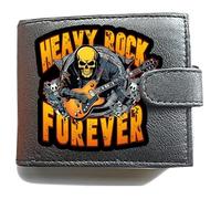 Heavy Rock Forever Skeleton Guitarist Leather Wallet - Men’s Biker Style Bifold with Skull Graphic