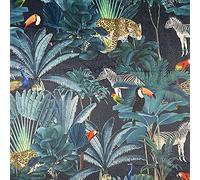 Heavy Weight Super Soft Plush Velvet Upholstery Fabric 'Royal Palm Midnight Blue' Digital Floral & Animal Print - Per Metre - 150 cm Wide