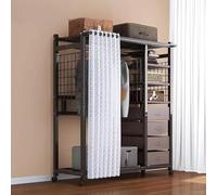 HeavyDuty Metal Wardrobe with DustProof Curtain Universal Wheels Drawers & PartitionsFreeStanding Coat Rack for Bedroom & Dorm StorageBlack 118cm