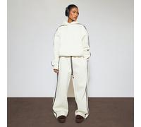 Heavyweight Low Rise Drawstring Contrast Stripe Wide Leg Joggers In Cream, Women's Size UK 10