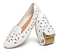 HEAWISH Women's Floral Ballet Flats for Women Black Beige Slip On Flowers PU Leather Round Toe Dress Shoes, White, 6 UK