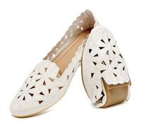 HEAWISH Women's Floral Ballet Flats for Women Black Beige Slip On Flowers PU Leather Round Toe Dress Shoes, Beige, 8 UK