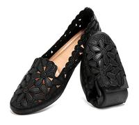 HEAWISH Women's Floral Ballet Flats for Women Black Beige Slip On Flowers PU Leather Round Toe Dress Shoes, Black, 9 UK