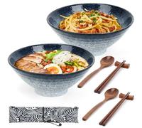 Hebaogugu 1000ml/34oz Ceramic Ramen Bowls, 2 Sets Japanese Noodles Bowls with Chopsticks, Spoons & Chopsticks Rests for Udon, Pho, Microwave & Dishwasher Safe(Blue)