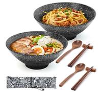 Hebaogugu 1000ml/34oz Ceramic Ramen Bowls, 2 Sets Japanese Noodles Bowls with Chopsticks, Spoons & Chopsticks Rests for Udon, Pho, Cereal, Microwave & Dishwasher Safe(Black)