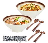 Hebaogugu 1000ml/34oz Ramen Bowls, 2 Sets Ceramic Noodle Bowls with Chopstick, Spoons, Porcelain Ramen Dinnerware for Pasta Rice Soup Salad(White)