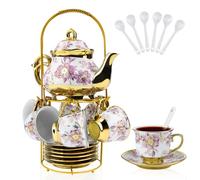 Hebaogugu 20 Pcs Porcelain Tea Set for Adults, 700 ml Purple European Tea Set with Teapot for Afternoon Tea & Party, Floral Tea Cup Saucers Set with Metal Holders