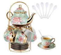 Hebaogugu 20 Pcs Porcelain Tea Set for Adults, 700ml Green European Tea Set with Teapot for Afternoon Tea & Party, Floral Tea Cup Saucers Set with Metal Holders