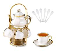 Hebaogugu 20 Pcs Porcelain Tea Set with Metal Holder, European Ceramic Tea Set for Adults, Coffee Tea Gift Sets, French Tea Cup Saucer Set for Party With Gold Trim (French White)