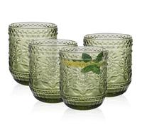 Hebaogugu 350ml/12oz Drinking Glasses Set of 4, Emboss Glasses Tumbler with Floral Pattern for Wine, Milk, Tea, Beverage, Decorative Water Cups for Home, Restaurant(Green)