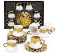 Hebaogugu Coffee Cup Set of 6 with Saucers, 3.5 OZ Ceramic Espresso Cups, Deco Golden Turkish Coffee Cup Gift for Cappuccino, Latte, Cafe Mocha and Tea, Dishwasher & Microwave Safe