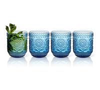 Hebaogugu Drinking Glasses Set of 4, Emboss Vintage Water Cups for Tea, Beverage, Milk, 350 ml 12 oz Glasses Tumbler Heavy Duty Wine Glasses for Beer, Cocktail, Whiskey (Blue)
