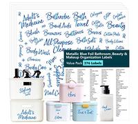Hebayy 276 PCS Bathroom Labels, Metallic Blue Foil Beauty & Makeup Stickers 240 Pre-printed Waterproof Oil&Tear Resistant Removable Labels, 36 Blank Ones, No Residue for Home Organization