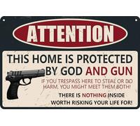 HEBELYX Gun Signs This Home is Protected By GOD and Gun Rust Free Metal Tin Signs, Weather and Fade Resistant, Easy Mounting, Indoor and Outdoor Use Metal Gun Sign 12x8 Inches, EIGHT - 1176