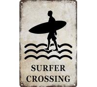 HEBELYX Surfer Crossing Tin Signs Beach Room Decor Aesthetic Beachy Surfboard Wall Decor Beach Metal Sign Surf Room Decor Surfer Girl Room Decor Beach Home Bar 8 x 12 Inch