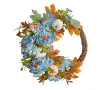 HEBEOT Autumn Harvest Wreath 13.78 Inch Rustic Pumpkin and Faux Peony Half Circle Front Door Decoration for Porch Wall or Window Artificial Floral Fall Garland for Tha(Blue)