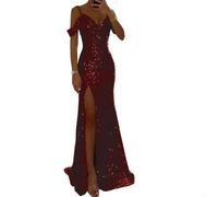 HEBEOT Womens Halter Sequined Split V Neck Maxi Dress Sleeveless Elegant Evening Party Gown for Wedding and Formal for OCCASIONS Black Gold Green Red Pink(M Red)