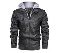 Hebezn Men's Aviator Real Leather Jacket Coat With A Removable Hood Winter Warm Casual Motorcycle Bomber Coat (Color : Grey, Size : L)