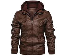 Hebezn Men's Aviator Real Leather Jacket Coat With A Removable Hood Winter Warm Casual Motorcycle Bomber Coat (Color : Brown, Size : XXL)