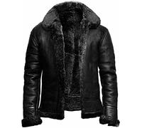 Hebezn Men's B3 Shearling Sheepskin Flying Aviator Jacket Real Leather Jacket Warm Lining，Plush Long Sleeved Thick Coat for Travel, Party, Streetwear, Vacation (Color : Black, Size : S)