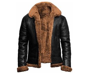 Hebezn Men's B3 Shearling Sheepskin Flying Aviator Jacket Real Leather Jacket Warm Lining，Plush Long Sleeved Thick Coat for Travel, Party, Streetwear, Vacation