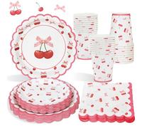 Heboland 100 Pcs Cherry Party Tableware Set for 25 Guests, Coquette Pink Bows & Cherry Birthday Party Plates Cups and Napkins for Baby Shower, Summer Fruit Afternoon Tea Party Supplies