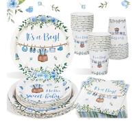 Heboland Blue Baby Shower Decorations Tableware Set, 100 Pcs | Serves 25 Guests, Blue Baby Shower Paper Plates Cups Napkins, It's a Baby Boy Party Decorations Party Supplies