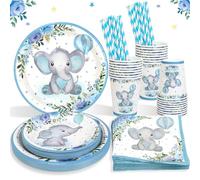 Heboland Blue Elephant Baby Shower Tableware Set, 125 Pcs | Serves 25 Guests, Blue Paper Plates Cups Napkins Straws, Baby Boy Baptism Party Supplies