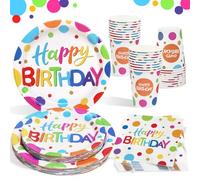 Heboland Colourful Birthday Tableware Set, 100 Pcs | Serves 25 Guests, Colourful Kids Party Plates Cups and Napkins, Family Celebration Afternoon Tea Party Decor