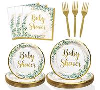 Heboland Neutral Baby Shower Decorations Sage Green Paper Plates and Napkins for 25 Guests, 100 Pieces Baby Shower Party Supplies Reusable Cutlery Set for Kids Party Table Decorations