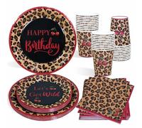 Heboland Red Leopard Print Tableware Set, 100 Pcs | Serves 25 Guests, Cherry Red Cheetah Plates Cups Napkins, Wild Theme Birthday Decorations