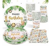 Heboland Safari Jungle Party Decorations Tableware Set - 100Pcs Jungle Theme Party Decorations Plates Cups and Napkins Set for Kids Animal Theme Birthday Decor Supplies - 25 Guests