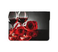HEBSDFG 13-inch Leather Laptop Sleeve, Red Rose and Wine Romantic Lovers Decor Print Slim Shockproof Insertion Design Laptop Case Bag for Office, School, Travel