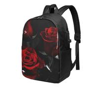 HEBSDFG 17 Inch Laptop Backpack for Men Women, Red Rose Print Casual Daypack Computer Rucksack Bag for School Travel Work