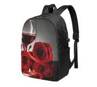 HEBSDFG 17 Inch Laptop Backpack for Men Women, Red Wine Rose and Candle Print Casual Daypack Computer Rucksack Bag for School Travel Work