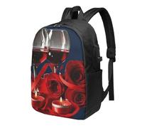 HEBSDFG 17 Inch Laptop Backpack for Men Women, Red Wine Rose and Candle Print Casual Daypack Computer Rucksack Bag for School Travel Work