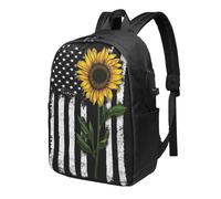 HEBSDFG 17 Inch Laptop Backpack for Men Women, Sunflower And American Flag Print Casual Daypack Computer Rucksack for School Travel Work